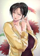 1girl black_hair breasts cima_garahau cleavage earrings female flower formal green_eyes gundam gundam_0083 high_resolution jewelry large_breasts lipstick makeup parted_lips pinky_out short_hair solo yukibuster // 850x1182 // 176.0KB
