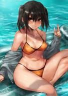 1girl alternative_costume bikini breasts brown_eyes cowboy_shot female grey_jacket high_resolution inflatable_raft jacket kantai_collection looking_at_viewer medium_breasts navel open_clothes open_jacket sendai_(kantai_collection) short_hair solo swimsuit toka_(marchlizard) two_side_up water wet yellow_bikini yellow_swimsuit // 1080x1527 // 186.9KB