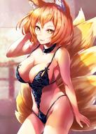 1girl animal_ears bare_arms bare_shoulders blonde_hair blue_choker breasts choker collarbone commentary_request cowboy_shot fox_ears fox_tail groin hand_in_hair hand_up highleg highres large_breasts lingerie lips lipstick looking_at_viewer makeup mayonaka_taruho multiple_tails parted_lips railing short_hair smile solo spaghetti_strap standing stomach tail thighs touhou underwear underwear_only yakumo_ran yellow_eyes // 880x1234 // 162.1KB