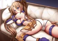 1girl ass bangs bare_shoulders blonde_hair blue_eyes blue_footwear blush bradamante_(fategrand_order) braid breasts couch curtains elbow_gloves eyebrows_visible_through_hair fategrand_order fate_(series) french_braid gloves hair_between_eyes hair_intakes hexelica high_heels indoors long_hair looking_at_viewer lying on_couch on_stomach pillow sideboob sidelocks solo thigh_strap twintails very_long_hair window // 1080x764 // 150.5KB