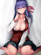 1girl bad_id bad_pixiv_id between_legs blush breasts cleavage collared_shirt dress fatestay_night fate_(series) female hair_ornament hair_ribbon hand_between_legs hand_up has_bad_revision high_resolution large_breasts long_hair long_sleeves looking_at_viewer loose_neckwear matou_sakura open_mouth piukute062 purple_eyes purple_hair red_ribbon red_vest ribbon school_uniform shirt signature sitting solo unbuttoned vest wariza white_shirt // 1260x1676 // 218.2KB