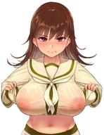 1girl alternative_bust_size areolae bangs blush breasts brown_eyes brown_hair crop_top embarrassed female groin high_resolution kantai_collection large_areolae large_breasts lifted_by_self long_hair looking_at_viewer navel nipples no_bra ooi_(kantai_collection) remodel_(kantai_collection) sailor_collar sailor_shirt school_uniform see-through serafuku shirt shirt_lift simple_background solo taji_(crowview) tears wet wet_clothes wet_shirt white_background // 1080x1402 // 183.6KB