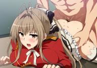 1boy aiguillette all_fours amagi_brilliant_park antenna_hair ass black_skirt bow breast_press breasts brown_eyes brown_hair censored clothed_sex doggy_style female frills hair_between_eyes hair_intakes hairbow hera_(hara0742) highres jacket large_breasts long_hair military_jacket mosaic_censoring open_mouth ponytail pussy_juice red_jacket sento_isuzu sex sidelocks skirt solo_focus straight sweat white_legwear // 1280x905 // 193.2KB