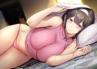 1girl bangs bare_shoulders bed bed-sheet blanket blurry blurry_background blush breasts brown_eyes brown_hair clavicle covered_navel female gentsuki hair_between_eyes hairband half-closed_eyes high_resolution large_breasts long_hair looking_at_viewer lying midriff on_side original pantsu pillow pink_panties pink_sweater ribbed_sweater sidelocks sleeveless smile solo sweater sweater_vest thighs turtleneck underwear white_hair_ornament white_hairband // 2006x1442 // 304.6KB