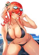 1girl absurdres ahoge azur_lane bangs bikini black_bikini blush breasts cleavage collarbone eyebrows_visible_through_hair goggles goggles_on_head hair_ornament hand_up highres inushima large_breasts long_hair looking_at_viewer navel o-ring o-ring_bikini plump poolside red_hair side_ponytail skindentation smile solo swimsuit wet zara_(azur_lane) zara_(poolside_coincidence)_(azur_lane) // 1260x1782 // 244.7KB