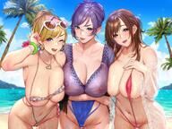 3girls absurd_res adjusting_hair aqua_eyes areolae bare_shoulders beach bikini blonde_hair blue_eyes blush bracelet breasts brown_eyes brown_hair busty clavicle cleavage clothing covered_erect_nipples curvaceous curvy_female earrings erect_nipples erect_nipples_under_clothes eyebrows_visible_through_hair eyewear_on_head female hair_between_eyes heart heart_necklace hi_res hoop_earrings huge_breasts jewelry large_breasts light-skinned light-skinned_female lips looking_at_viewer masami_chie mature mature_female micro_bikini midriff multiple_girls nail_polish navel nipples ocean oerba_yun_fang one-piece_swimsuit one_eye_closed open-mouth_smile open_mouth original parted_lips pink_lips purple_hair see-through see-through_shirt shiny_skin sky sling_swimsuit smile sunglasses sunglasses_on_head swimsuit teeth thighs tongue tongue_out voluptuous wet wet_body wet_clothes wet_swimsuit wink // 1632x1224 // 384.8KB