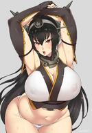 absurdres armpits arms_up artist_name belly black_hair bow bow_panties breasts cleavage covered_nipples curvy female fingerless_gloves gloves grey_background highres huge_breasts kantai_collection long_hair looking_at_viewer nagato_(kantai_collection) navel open_mouth panties plump puffy_nipples red_eyes simple_background skindentation solo sweat thigh_gap underwear very_long_hair white_panties wide_hips zonda_(solid_air) // 1722x2470 // 368.6KB