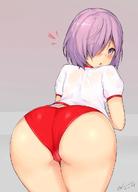 1girl :o alternate_costume ass blush buruma cameltoe commentary dated fatestay_night fate_(series) from_behind hair_over_one_eye huge_ass kuavera looking_at_viewer looking_back purple_eyes purple_hair shielder_(fategrand_order) short_hair sweat // 850x1181 // 97.2KB