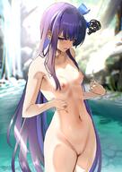 absurdres blue_eyes blue_ribbon breasts collarbone day fategrand_order fate_(series) female furrowed_brow grass hair_ribbon highres kesoshirou long_hair looking_down meltryllis_(fate) nude outdoors parted_lips purple_hair ribbon rock small_breasts solo spoken_squiggle squiggle stomach sweatdrop trembling untied very_long_hair water waterfall // 1088x1538 // 195.5KB