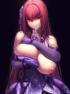 bangs bare_shoulders breasts closed_mouth clothing dress elbow_gloves fategrand_order fate_(series) female gloves high_resolution large_breasts long_hair lun7732 nipples purple_dress purple_gloves red_eyes red_hair scathach_(fate) scathach_(formal_dress)_(fate) simple_background solo // 1426x1902 // 287.0KB
