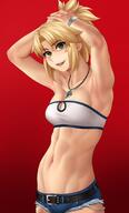 1girl abs armpits bangs bare_shoulders blonde_hair blush braid breasts collarbone fateapocrypha fate_(series) french_braid green_eyes hair_ornament hair_scrunchie highres long_hair looking_at_viewer mordred_(fate) mordred_(fateapocrypha) mordred_(memories_at_trifas)_(fate) navel open_mouth parted_bangs ponytail red_scrunchie scrunchie sidelocks small_breasts smile sockinajar solo // 1228x2034 // 177.3KB