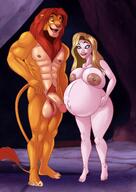 abs absurd_res anthro blonde_hair breasts cave disney duo el-loko felid feline female flaccid fur genitals hair hi_res human lion looking_at_genitalia looking_at_penis male malefemale mammal muscular muscular_anthro muscular_male nipples nude pantherine penis pregnant red_body red_fur red_hair simba_(the_lion_king) smile standing tail the_lion_king // 1684x2382 // 368.5KB