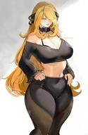 1girl artist_name bare_shoulders black_bra black_pants black_shirt blonde_hair blush bra breasts chaichne cleavage commentary creatures_(company) curvy cynthia_(pokemon) english_commentary fur-trimmed_sleeves fur_collar fur_trim game_freak grey_eyes hair_ornament hair_over_one_eye hands_on_own_hips highres large_breasts long_hair mature_female midriff navel nintendo off-shoulder_shirt off_shoulder pants pokemon pokemon_dppt shirt smile solo thick_thighs thighs tight_clothes tight_pants underwear very_long_hair wide_hips // 1484x2282 // 283.8KB