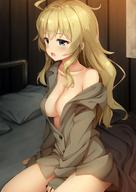 1girl ahoge arm_at_side bangs bare_shoulders bed between_legs blanket blonde_hair blue_eyes blush breasts brown_shirt buttons cleavage collarbone collared_shirt commentary_request drooling eyebrows_visible_through_hair half-closed_eyes hand_between_legs highres indoors long_hair long_sleeves medium_breasts naked_shirt no_bra off_shoulder on_bed open_mouth pillow revision saliva shiny shiny_hair shirt shoujo_shuumatsu_ryokou sidelocks sitting sleepy sleeves_past_wrists solo tareme thighs tomifumi waking_up wavy_hair wing_collar yuuri_(shoujo_shuumatsu_ryokou) // 880x1242 // 141.9KB