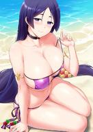 1girl armlet bangs bare_shoulders beach beads bikini blush breasts choker cleavage collarbone commentary_request day eyepatch_bikini fategrand_order fate_(series) hips huge_breasts long_hair looking_at_viewer low-tied_long_hair minamoto_no_raikou_(fategrand_order) minamoto_no_raikou_(swimsuit_lancer)_(fate) navel outdoors parted_bangs purple_bikini purple_eyes purple_hair sama_samasa side-tie_bikini sitting smile solo strap_pull swimsuit thighs very_long_hair waist // 880x1243 // 160.9KB