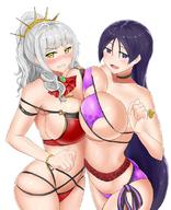 2girls ass bare_shoulders bikini blush breast_press breasts carmilla_(fate) cleavage clenched_teeth eyepatch_bikini fategrand_order fate_(series) female fingernails horns large_breasts long_fingernails long_hair looking_at_viewer minamoto_no_raikou_(fate) minamoto_no_raikou_(swimsuit_lancer) multiple_girls o-ring_top open_mouth ponytail purple_bikini purple_eyes purple_hair side-tie_bikini silver_hair skindentation smile swimsuit symmetrical_docking teeth tied_hair very_long_hair yellow_eyes yuzu_kiro // 880x1085 // 171.0KB